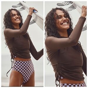 New Salt Gypsy Ruched Solid Surf Rashguard Chocolate Brown Large NWOT